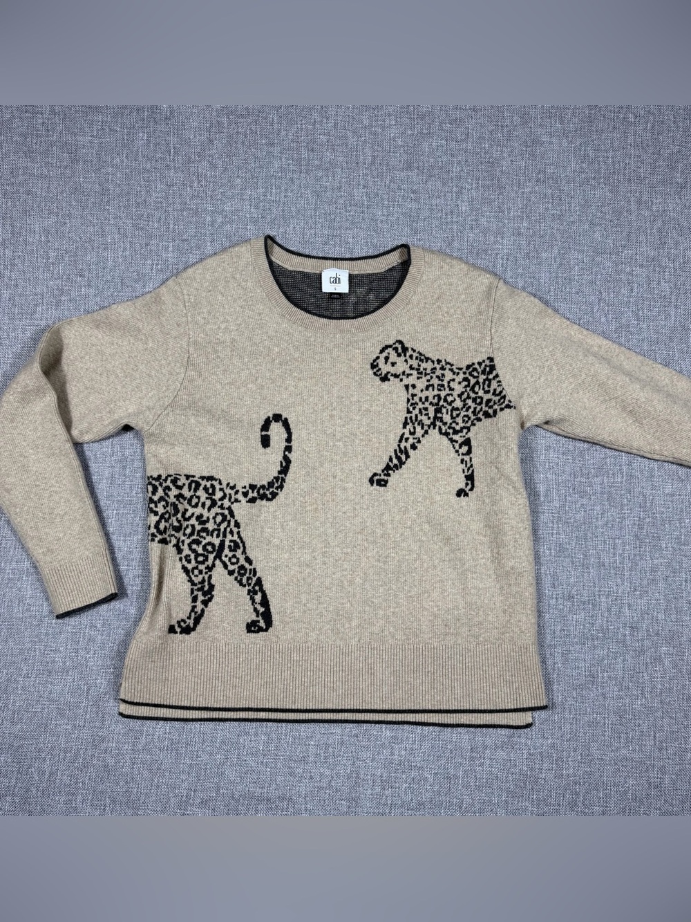 CAbi Beige Crewneck Sweater with Black Leopard Design